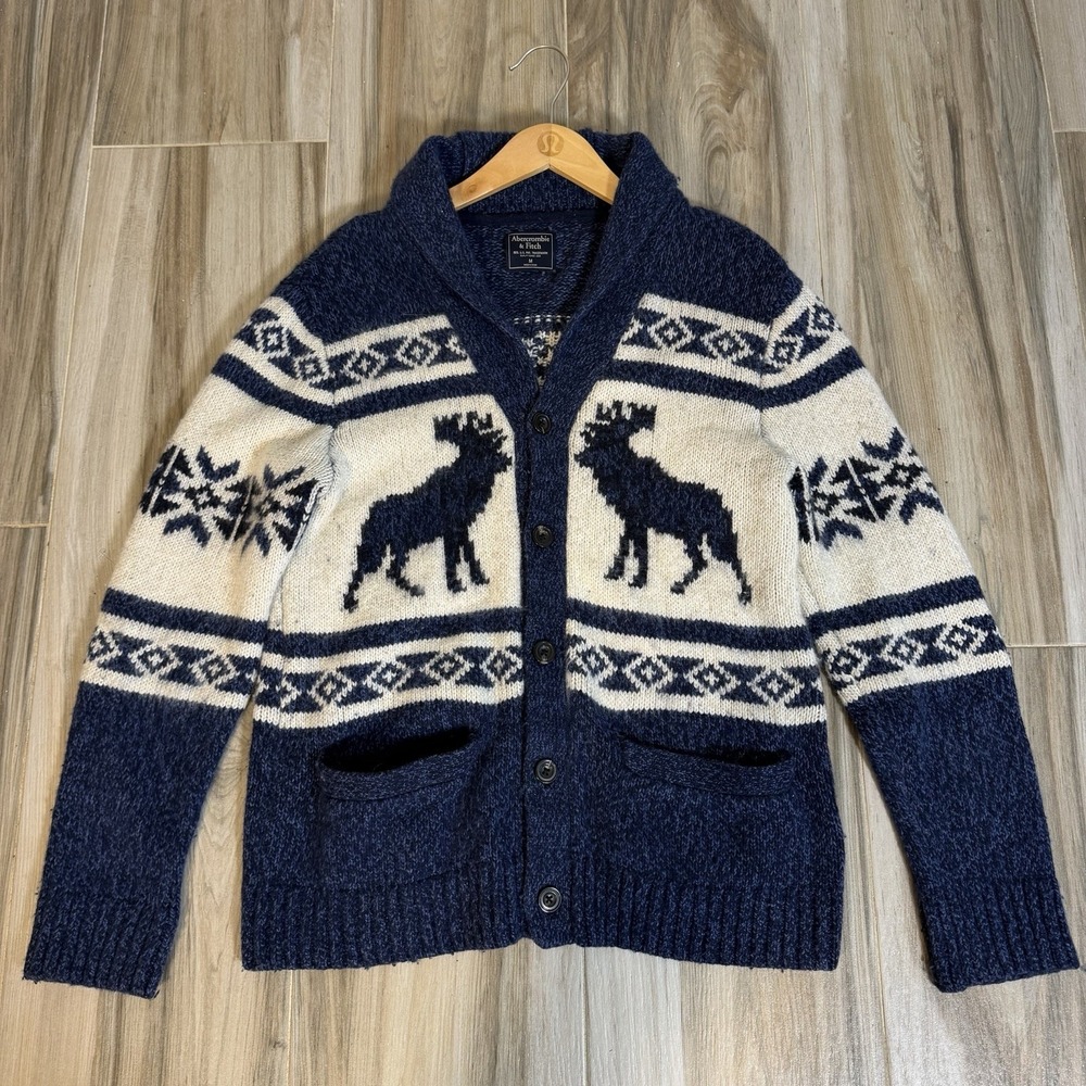 VTG y2k Abercrombie Fitch Moose Graphic Cardigan M Sweater Knit Wool Blend Shawl
